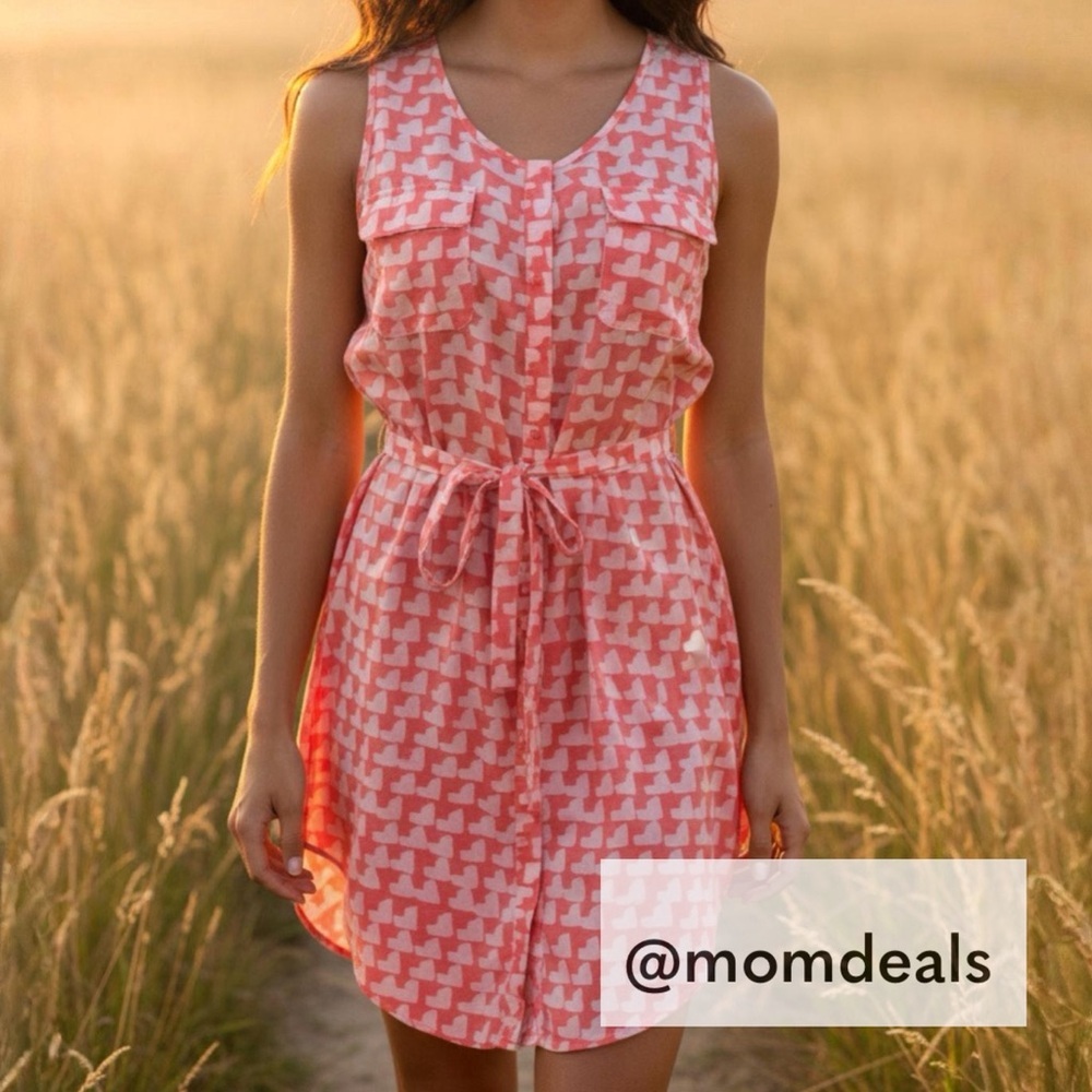 Gap Button Down Racerback Dress Neon Pink Gray Hearts Scoop Neck Waist Tie